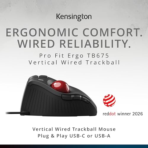 Image of Kensington TB675 Vertical Trackball Mouse Wired, Ergonomic Design, USB-C /USB-A Connection - Black (K72170WWMY)
