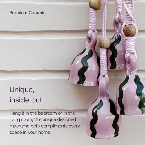 Image of Mundane | Macrame Bell Hanging with Handpainted Ceramic Bells | Wall & Balcony Home Decor (Pink Macrame- Gulabo)
