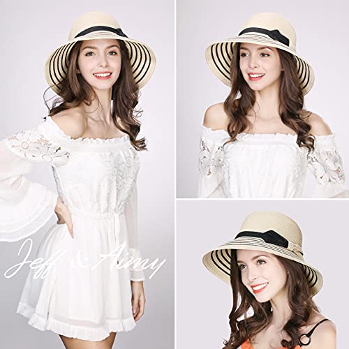 Jeff & Aimy Ladies Packable Straw Sunhat Upf 50 With Chin Strap Bowknot Floppy Wide Brim Panama Fedora Beach Sun Hat Size Adjustable Beige 55-58Cm #TOP1