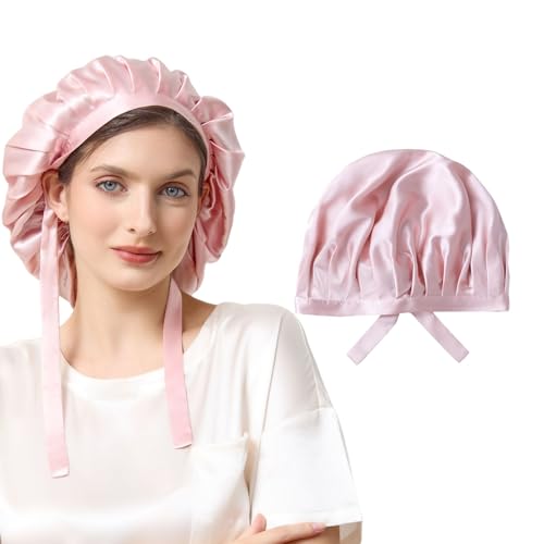 THXSILK 19 Momme 100% Mulberry Silk Bonnet for Sleeping, Tie Band, Pink