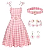 Women Costume Movie Doll Princess Dresses Cosplay Halloween Costume Adult Women Outfit Pink Plaid Dress with Accessories Daisy Floral Necklace Earrings RK001S