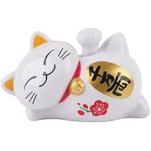 FTVOGUE Solar Powered Maneki Neko LuckyCat Fortune Welcoming Waving Arm Paw Up Lazy Lying Wealth Fortune Cat Home Stores Car Feng Shui Decor White02
