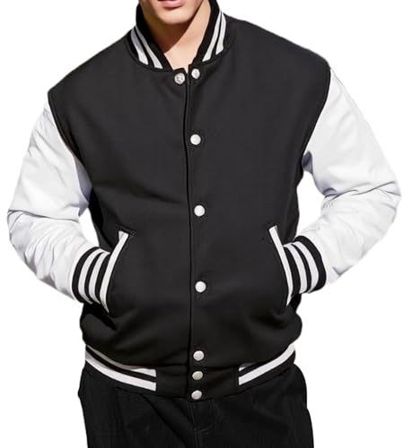 Image of Men Varsity Jacket College Baseball Letterman Wool Jacket Leather Sleeves
