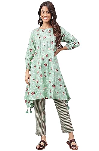 Image of Janasya Women's Green Cotton Floral Printed Kurta with Pant