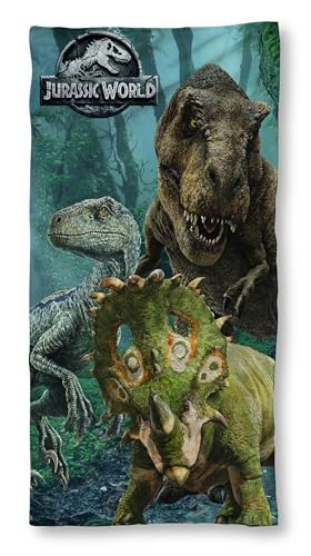 SkyBrands Jurassic World Kinder Duschtuch 70x140 cm - 100% Baumwolle Badetuch - Weich & Atmungsaktiv - Ideal für Strand, Pool & Badezimmer - Dino-Motiv für Jungen & Mädchen