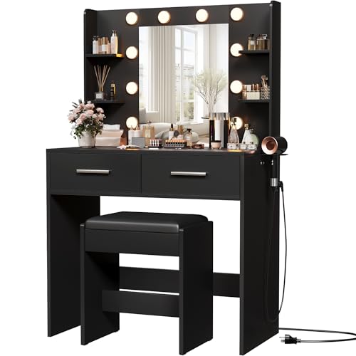 Image of Furmax Make up Vanity Desk with Mirror and Power Outlet, Vanity with 3 Color Light Options Adjustable Brightness,Vanity Desk with 2 Drawers, 6 Storage Shelves (Black, with Bench)