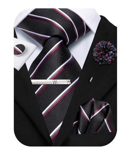 Image of Hi-Tie Formal Striped Black Red White Neckties for Men Classic Woven Tie and Pocket Square Lapel Pin Silver Tie Clip Cufflinks Set Wedding Business 6PCS