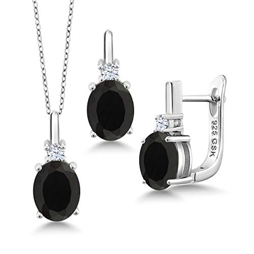 Gem Stone King 925 Sterling Silver Black Onyx And White Created Sapphire Pendant Earrings Set For Women (6.05 Cttw, Gemstone Birthstone, With 18 Inch Silver Chain) #TOP4