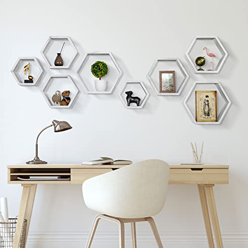 Ybing Hexagon Floating Shelves Wall Mounted Set Of 8 Wooden Hexagonal Shelves For Wall Storage Honeycomb Shelves For Bedroom Living Room Office Wall Decor, White #TOP3