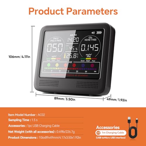 16-in-1 Professional Indoor Air Quality Monitor Indoor PM2.5/PM10/CO2,Temperature, Formaldehyde Detector, Humidity TVOC, Time Display with 7 AQI Beep Alarms Air Quality Tester, for Home & Office