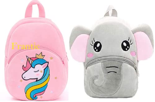 Image of Frantic Boy's Girl's Soft Velvet Plush Unicorn, Elephant Car Animal Cartoon School Bag (Pink, Grey, 2 To 5 Years)