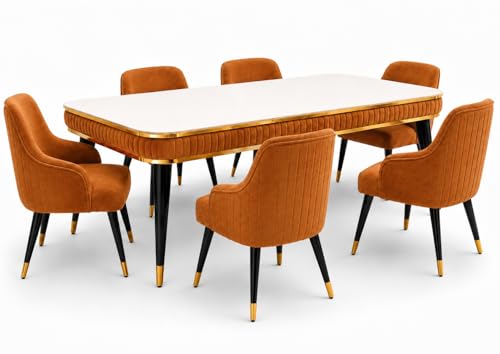 Image of WOODEN SPACE 6-Seater Wooden Dining Table Set | Nano Composite Marble Top | Solid Wood Base | Modern Dining Room Furniture with 6 Chairs (Mustard Modern Zyro)