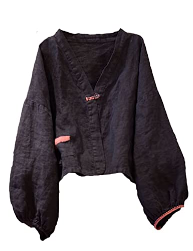 NFYM Women's Linen Open Front Shirt Lantern Long Sleeve V Neck Plain Color Crop Top Blouse