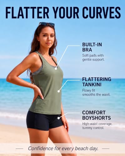 Image of Women's 3 Piece Tankini Swimsuit Tummy Control Bathing Suit with Boy Shorts