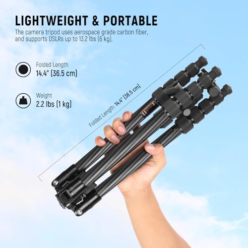 Image of NEEWER Carbon Fiber Camera Tripod Monopod, 65 inch Lightweight Compact Portable Travel DSLR Video Stand, 360 Ball Head, Anti Slip QR Plate, Inverted Central Axis, Reversible Legs, Max Load 13.2 lbs, TP39