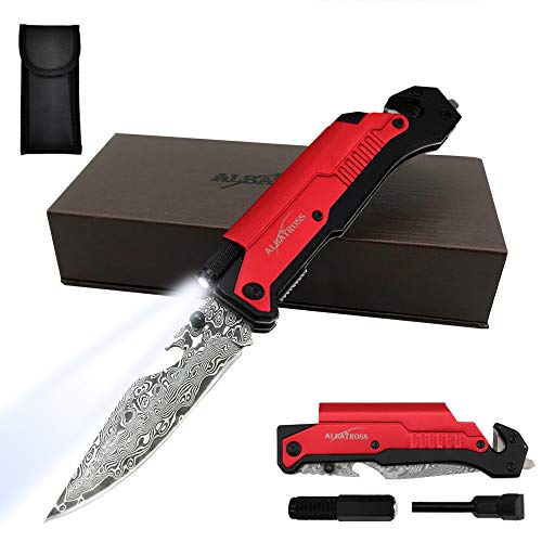 Image of ALBATROSS 6-in-1 Modern Damascus Steel Folding Pocket Knives with LED Light,Seatbelt Cutter,Glass Breaker,Magnesium Fire Starter,Bottle Opener;Multi-Function Emergency Tool(Red-DA)