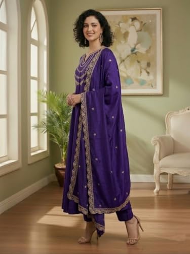 Image of Yashika Women's Silk Blend Embroidered Anarkali Kurta Set with Dupatta | Full Length Ethnic Wear for Women | Wedding