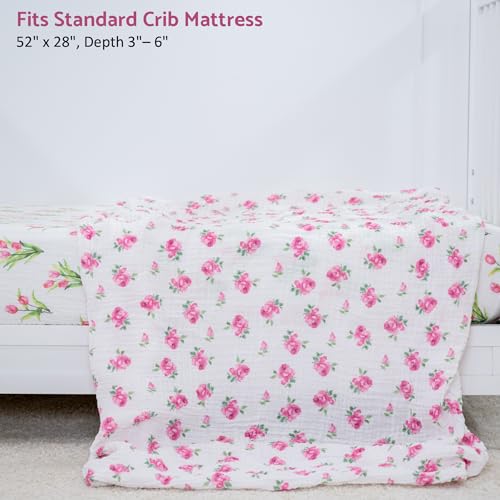 Image of LollyBanks Muslin Crib Sheet, 100% Cotton Fitted Crib Sheets for Girls | Airy gentle-touch fabric, 360 elastic edge for a secure fit on 52 x 28 in standard mattresses (Rosebud)