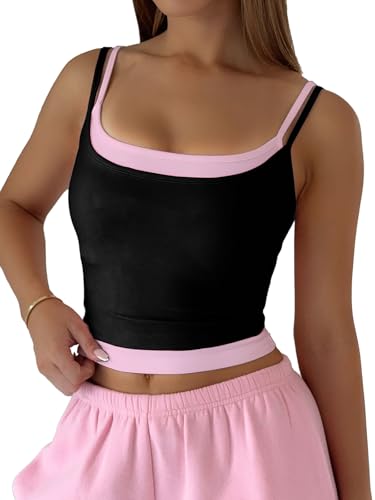 Black with Pink XS Y2K Crop Tank Top Cute Faux Layered Spaghetti Strap Top