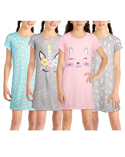 Rene Rofe Girls' Pajamas - Short Sleeve Sleep Shirt Nightgown (4 Pack), Size 10/12, Pink Cat/Grey Unicorn #TOP1