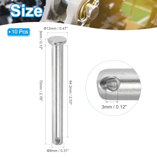 PATIKIL 8 x 75 mm Einzel-Loch-Clevis-Stift, 10 Stück 304 Edelstahl Flachkopf-Stift für Hitch Pin Lock Link Scharniersysteme, Silber