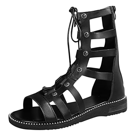 Momolaa Gladiator Sandals for Women Lace Up Sandals Summer Beach Strappy Criss Cross Open Toe Knee High Flat Sandal 5 Black Cover