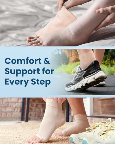 Image of KEMFORD Ankle Compression Sleeve with Cooling Effect - 1-Pair, Plantar Fasciitis Braces - Open Toe Compression Socks for Swelling, Sprain, Neuropathy, Arch Support for Men and Women - L, Arctic Beige