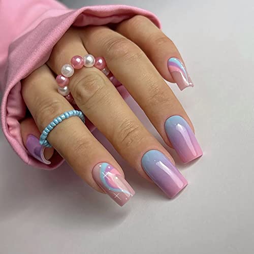 Medium Press On Nails Multicolour False Nails With Gradient Designs Square Fake Nails With Nail Glue Artificial Full Cover Nails Acrylic Stick On Nails For Women 24Pcs #TOP21