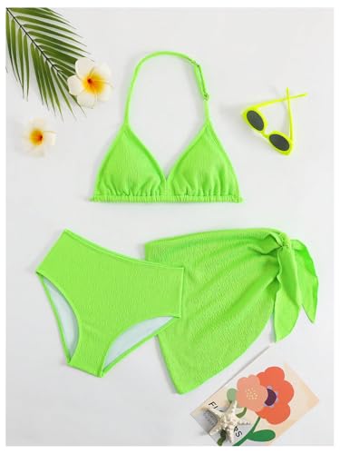 Image of RoseSeek Girl's 3 Piece High Wisted Bikini Set Backless Halter Bathing Suit Swimsuit Set with Cover Up Skirts