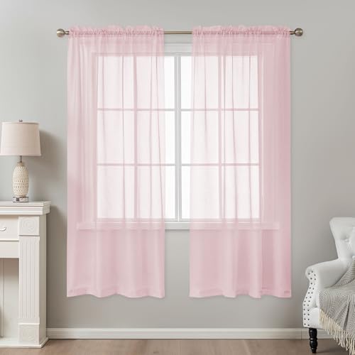 Image of Pink Sheer Curtains 72 Inches Long, Privacy Semi Sheer Curtains for Living Room Bedroom, Light Filtering Rod Pocket Voile Window Drapes 2 Panels Set, Each 42 inch W x 72 inch L