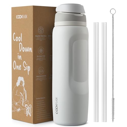 Image of Coolflask MegaSip Insulated Water Bottle 40 oz with Straw, Stainless Steel Water Bottles Leak-Proof, 24+ Hours Cold, BPA-Free Dishwasher Safe, Water Flask for Sports Gym Work Office, Glacier White
