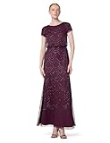 Adrianna Papell Short Sleeve Blouson Beaded Gown Robe, Cassis, 40 Femme