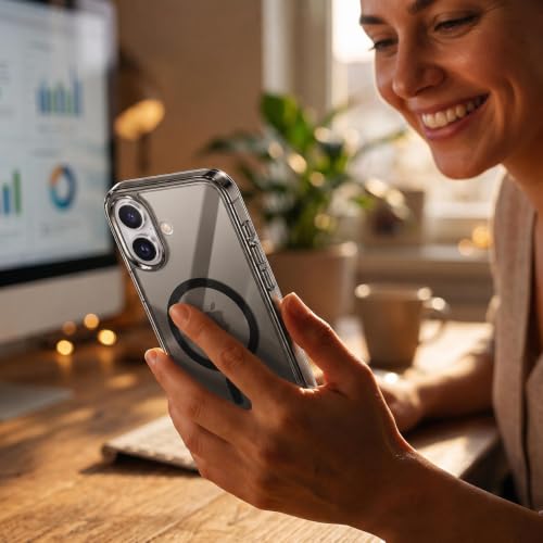 Image of Elzzi Anti Scratch Semi Transparent Cover for iPhone 16 Case, Premium PC + TPU Magnetic Phone Cases Drop Proof,Compatible with Magsafe Slim Anti Yellowing Never Yellowing Shockproof, (Grey)
