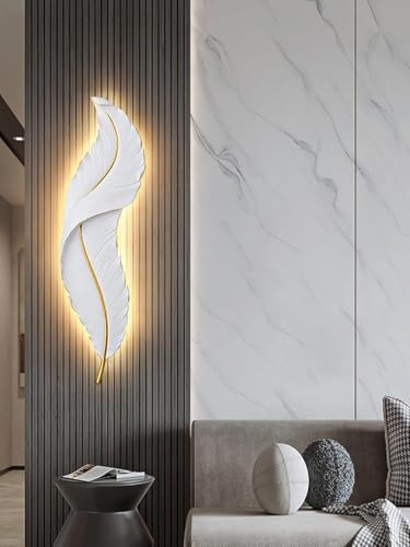 Image of Resin Antique Feather Wall Sconce|Snowy Quill Decorative Wall Light for Living Room, Hallway, Kitchen & Office- Warm White, Cool White, Natural White (White+Golden)