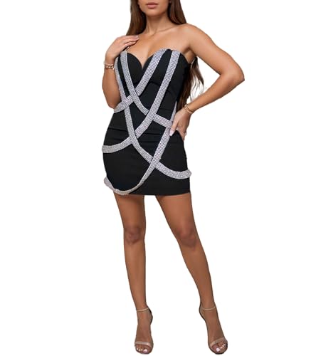 Image of Jigfar Women's Sexy Rhinestone Sheer Mesh See Through Bodycon Dress Birthday Party Club Night Outfits