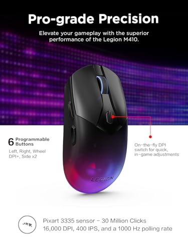Image of Lenovo Legion M410 Wireless RGB Gaming Mouse a€ inch 6 Button Palm Grip Mouse with 16,000 DPI, 53 Hour Rechargeable Battery, 2-Zone RGB Lighting, NVIDIA Reflex Compatible