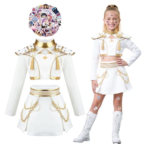 yumcute Kinder Kostüm, Mädchen Cosplay Outfit Anime Hunter-Stil, Pop Idol Kostüm Set mit 74 Aufklebern, Mädchen Verkleidung für Halloween Karneval Fasching Geburtstag Party Dress-up(140)