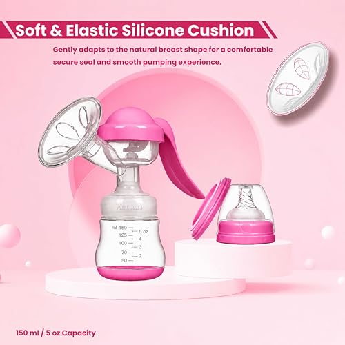 Image of ARDAKI Breast Pump for Feeding Mothers, 3 Level Suction Adjustment, Flexible Silicone Massage Cushion & Ergonomic Handle for Easy & Painless Breast Milk Expression, Manual Breast Pump, BPA Free (PINK)