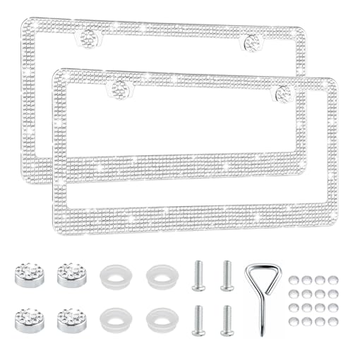 GaRhomxy Bling License Plate Frames for Women 2 Pack Handcrafted Sparkly Rhinestone Car Accessories Premium Stainless Steel Frame with 1000+ Faceted Glass Crystals & Free Glitter Caps (White)