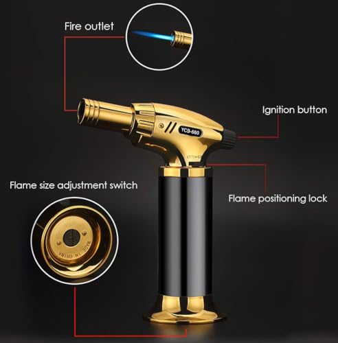 Image of YICAB Blow Torch Jet Flame I Professional Culinary Kitchen Cooking Lighter I Flame Lock & Adjustable Flame Size I Refillable Butane Gas Lighter for Food Meat BBQs Coal Brulee Baking (Golden)
