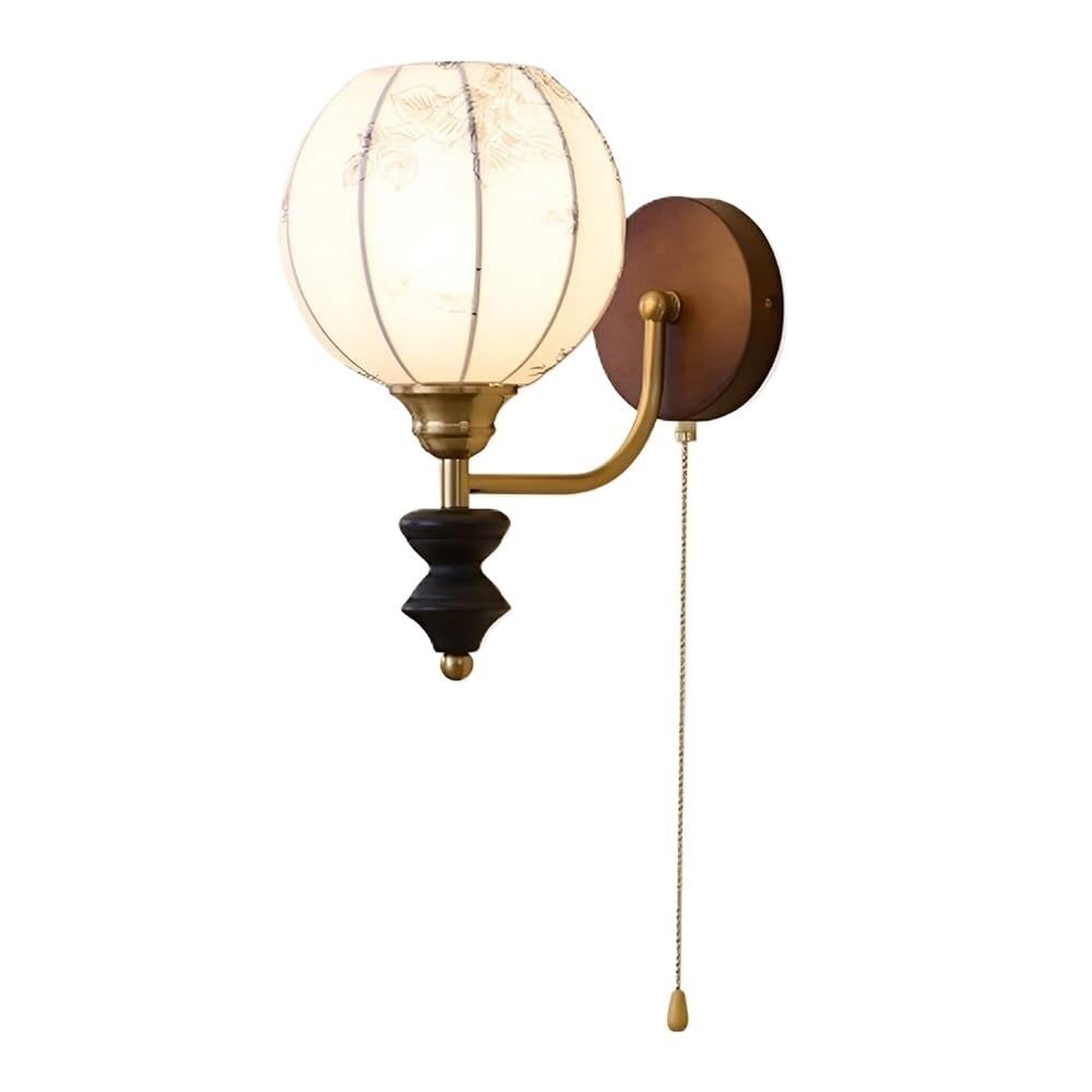 OZBMA Vintage Solid Wood Wall Lamp Fabric Shade Sconce Farmhouse Wall-Mounted Light Fixture with Pull Chain Switch for Bedroom Living Room