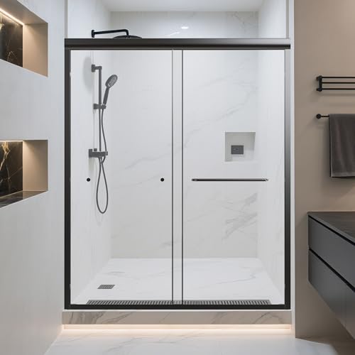 Image of 56-60 inch W x 70 inch H Semi-Frameless Double Sliding Shower Door, Bypass Bathroom Shower Glass Door with 1 /4 inch (6mm) Clear SGCC Tempered Glass & Stainless Steel Handles, Denoise Design, Matte Black