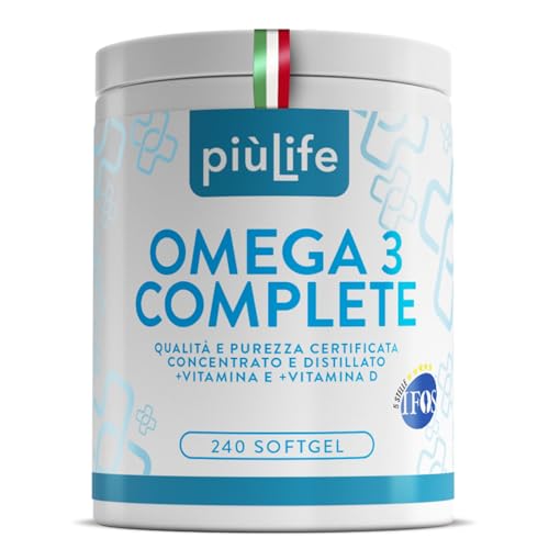 Omega 3 IFOS 5 Stelle Certificato Con Vitamina D3 2000 UI PiùLife, 240 Softgel 2000mg EPA, 1000mg DHA Dose, Olio di Pesce Omega 3 Capsule Fish Oil, Trigliceridi, Cuore, Vista, Ossa, Cervello