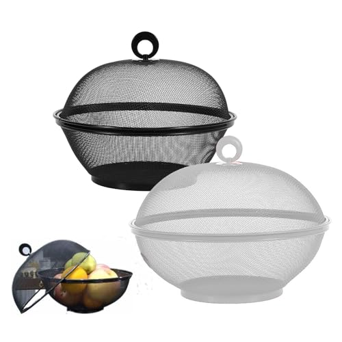 Lot de 2 corbeilles à fruits en maille métallique blanc + noir, conteneurs pour restaurant et cuisine, 26 cm de diamètre