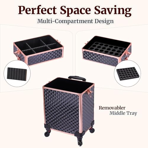 Image of TOPACK Professional 4-In-1 Rolling Makeup Train Case, Large Makeup Travel Case with Key Shoulder Strap /Handle Cushion I Makeup Train Case I Makeup Nail Cart I Cosmetology Case on Wheels(Black Glod)
