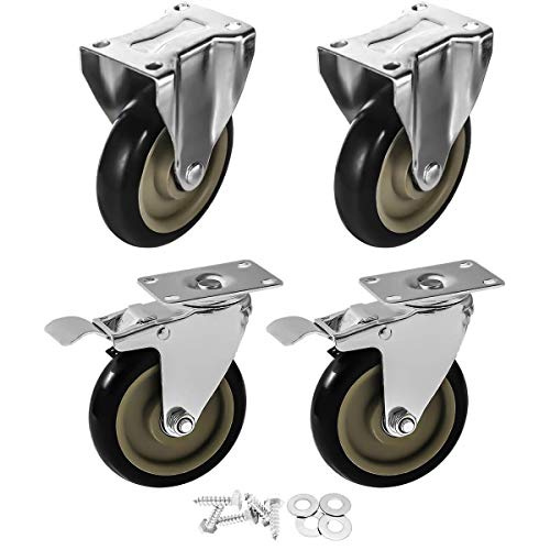 4 Pack 5" Caster Wheels Swivel 360 Degree 2 with Brake Swivel and 2 Rigid Non Swivel Fixed Stationery Combo On Black Polyurethane Wheels with Hardware Kit -  FactorDuty, BK567-S-X2+BK568-X2-HW-HD-X1
