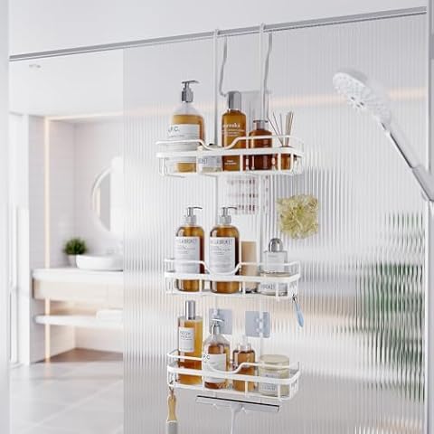 Shower Caddy Over the Door Organizer: Bath Rack Hanging Over Glass with Hooks - Storage Shelf Inside Bathroom for Shampoo - White Cover