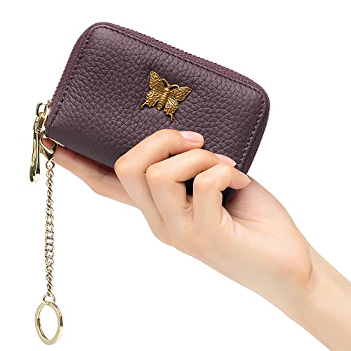 Image of imeetu RFID Credit Card Holder for Women, Business Card Wallet, Purple Coffee, Small, Credit Card Case Wallet | Genuine Leather Card Case Wallet with Zipper and Removable Keychain, 12 Card Slots & 2 Cash Pockets, Daily, Travel, Gifts
