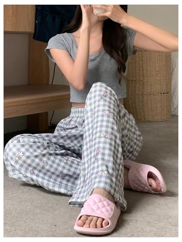 SHENHE Calça de pijama feminina xadrez xadrez cintura elástica fofa solta para dormir, Cinza, P