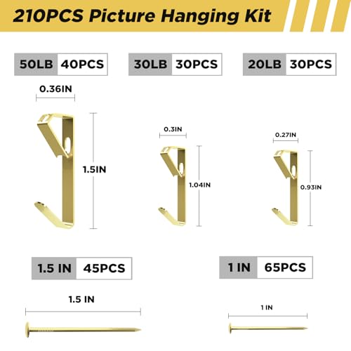 Image of Picture Hanging Hooks 210 Pieces,20lb, 30lb, and 50lb Picture Hangers ,Nails Hanging Kit, Metal Picture Hangers for Drywall Wooden Wall,Gold